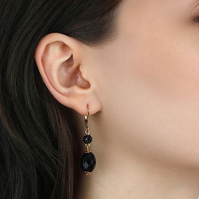 1928 Gold-Tone Faceted Black Bead Oval Drop Earrings