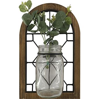 Wood & Glass Window with Artificial Greenery Jar Hanging Wall Decor
