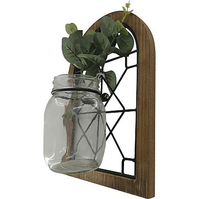 Wood & Glass Window with Artificial Greenery Jar Hanging Wall Decor
