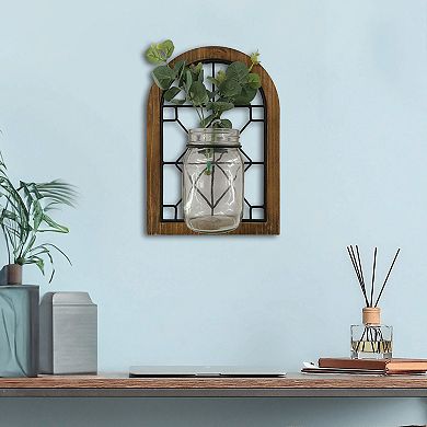 Wood & Glass Window with Artificial Greenery Jar Hanging Wall Decor