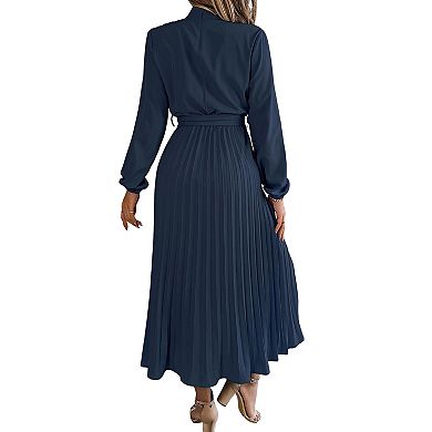 Womens Stand Collar Long Sleeve Waist Tie Pleated Maxi Dress