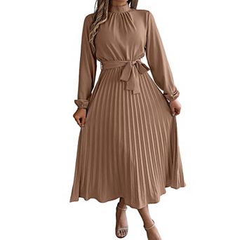 Womens Stand Collar Long Sleeve Waist Tie Pleated Maxi Dress