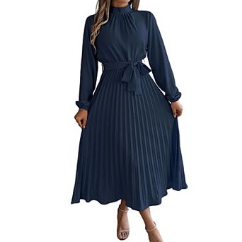 Womens Stand Collar Long Sleeve Waist Tie Pleated Maxi Dress