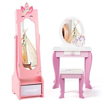 Costway Kids Vanity Set Princess Makeup Dressing Table and Chair Set with Jewelry Armoire