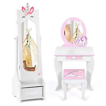Costway Kids Vanity Set Princess Makeup Dressing Table and Chair Set with Jewelry Armoire