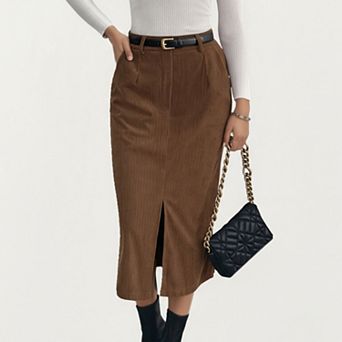 Women’s Corduroy Midi Skirt with Soft Ribbed Texture Front Slit Detail and Structured Waistband