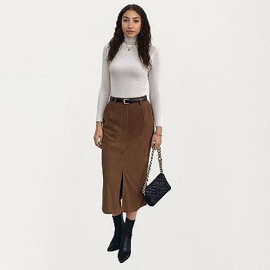 Women’s Corduroy Midi Skirt with Soft Ribbed Texture Front Slit Detail and Structured Waistband