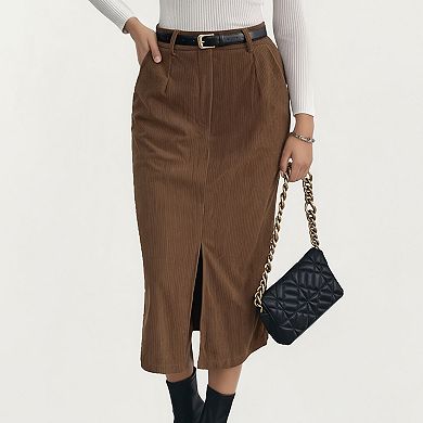 Women’s Corduroy Midi Skirt with Soft Ribbed Texture Front Slit Detail and Structured Waistband