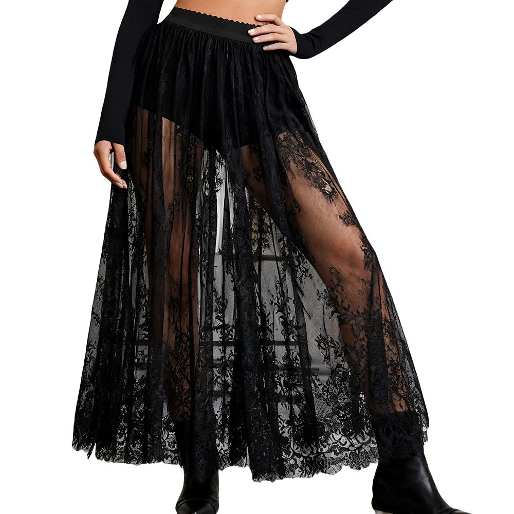 Women's Gothic Lace Maxi Skirt Dark Semi-Sheer Fashion Skirt