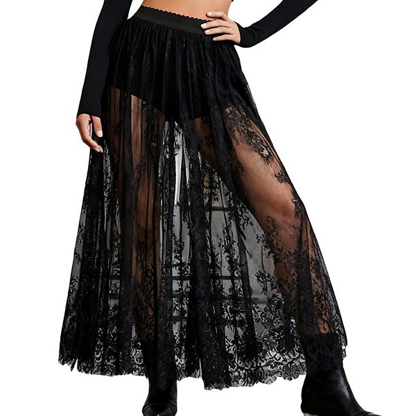 Women's Gothic Lace Maxi Skirt Dark Semi-Sheer Fashion Skirt