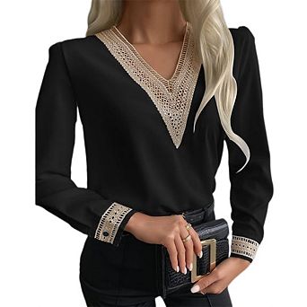 Women's Business V neck Shirt Fashionable Long Sleeved Lace Trim Top