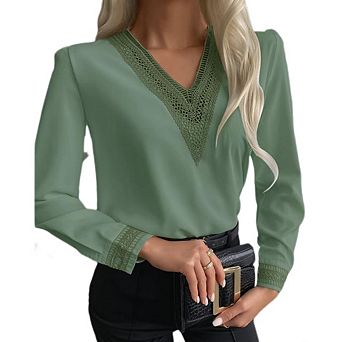 Women's Business V neck Shirt Fashionable Long Sleeved Lace Trim Top