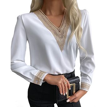Women's Business V neck Shirt Fashionable Long Sleeved Lace Trim Top