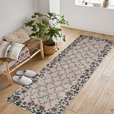 Washable Floral Irregular Edge Carpet Indoor Non Slip Entry Low Pile Throw Rugs for Entryway