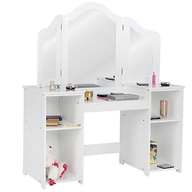 Costway Vanity Table Set Makeup Dressing Kids Girls Study Table Tri Folding Mirror