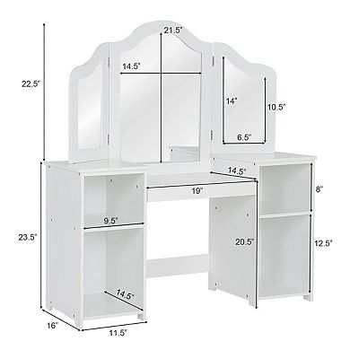 Costway Vanity Table Set Makeup Dressing Kids Girls Study Table Tri Folding Mirror