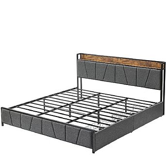 Upholstered Storage Bed Frame with Headboard & 2 Drawers, Charging Station, Rustic Linen Platform