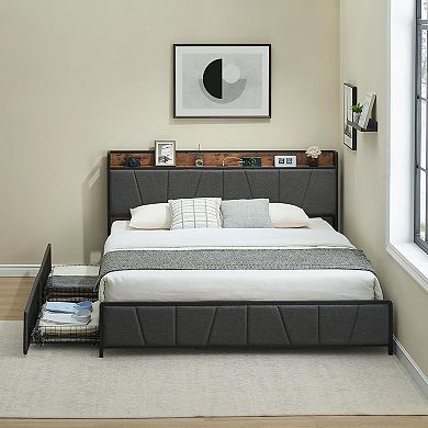 Upholstered Storage Bed Frame with Headboard & 2 Drawers, Charging Station, Rustic Linen Platform