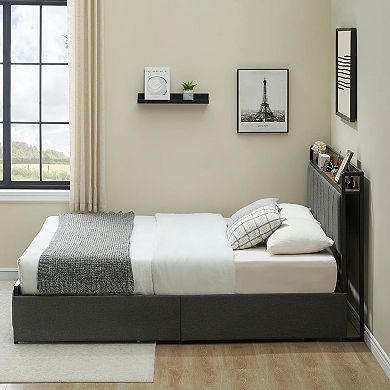 Upholstered Storage Bed Frame with Headboard & 2 Drawers, Charging Station, Rustic Linen Platform