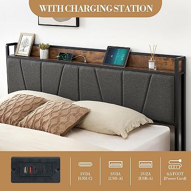 Upholstered Storage Bed Frame with Headboard & 2 Drawers, Charging Station, Rustic Linen Platform