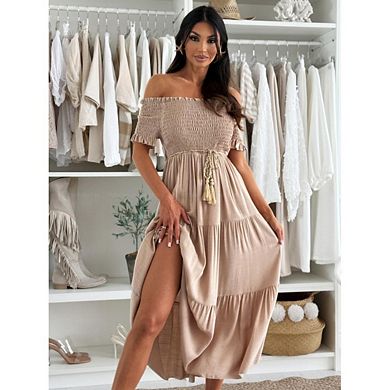 Women's Casual Short Sleeve Off Shoulder Dress Boho Dresses Pleated Drawstring Flowy Dresses
