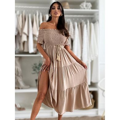 Women's Casual Short Sleeve Off Shoulder Dress Boho Dresses Pleated Drawstring Flowy Dresses