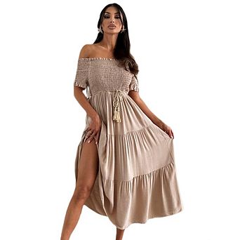 Women's Casual Short Sleeve Off Shoulder Dress Boho Dresses Pleated Drawstring Flowy Dresses