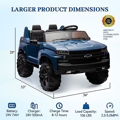 24V Chevrolet Silverado Kids Ride-On Truck, 2-Seater w/ Parent Remote & Music