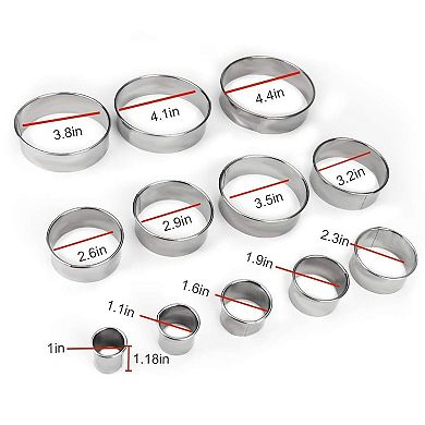 12 Piece Round Cookie and Pastry Cutter Set, Stainless Steel Circle Molds