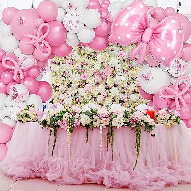 Pink Bow Party Balloons Garland kit 166pcs Coquette Pink & White Balloons with Bow Foils for Bridal,