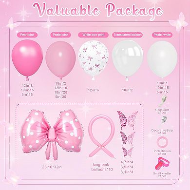 Pink Bow Party Balloons Garland kit 166pcs Coquette Pink & White Balloons with Bow Foils for Bridal,