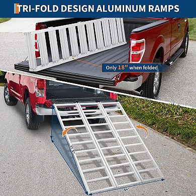 Three fold aluminum alloy truck loading ramp with load belt and pedal, anti-skid