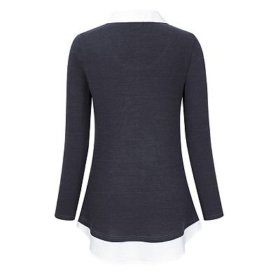 Women's Long Sleeve Contrast Collared Shirts Patchwork Work Blouse Tunics Tops