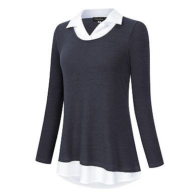 Women's Long Sleeve Contrast Collared Shirts Patchwork Work Blouse Tunics Tops