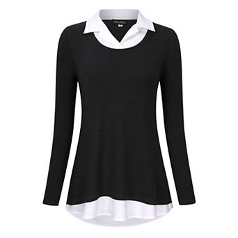 Women's Long Sleeve Contrast Collared Shirts Patchwork Work Blouse Tunics Tops