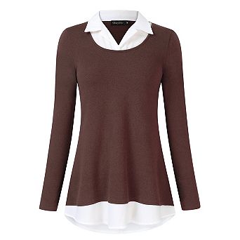 Women's Long Sleeve Contrast Collared Shirts Patchwork Work Blouse Tunics Tops