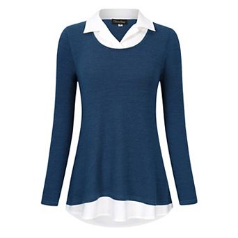 Women's Long Sleeve Contrast Collared Shirts Patchwork Work Blouse Tunics Tops