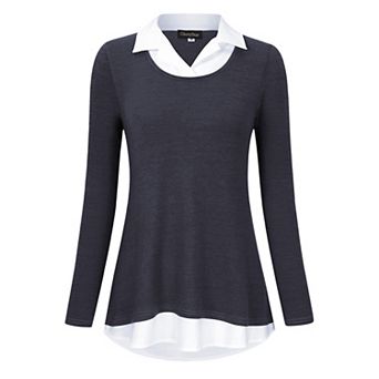 Women's Long Sleeve Contrast Collared Shirts Patchwork Work Blouse Tunics Tops