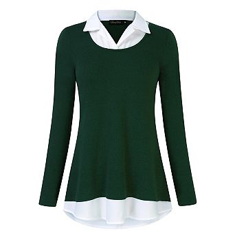 Women's Long Sleeve Contrast Collared Shirts Patchwork Work Blouse Tunics Tops