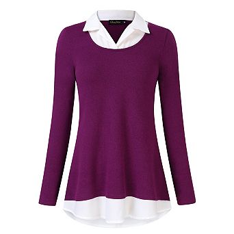 Women's Long Sleeve Contrast Collared Shirts Patchwork Work Blouse Tunics Tops