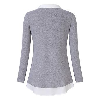 Women's Long Sleeve Contrast Collared Shirts Patchwork Work Blouse Tunics Tops