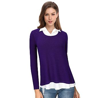 Women's Long Sleeve Contrast Collared Shirts Patchwork Work Blouse Tunics Tops