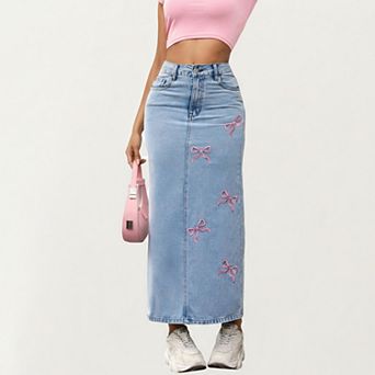 Women's High Waist Denim Maxi Skirt with Embroidered Bow Details