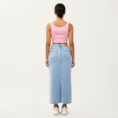 Women's High Waist Denim Maxi Skirt with Embroidered Bow Details