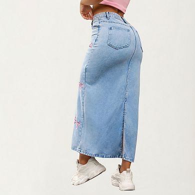 Women's High Waist Denim Maxi Skirt with Embroidered Bow Details