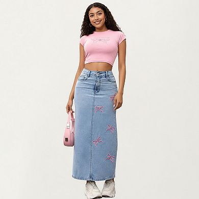 Women's High Waist Denim Maxi Skirt with Embroidered Bow Details