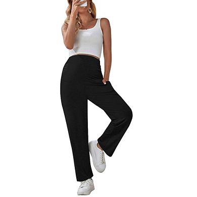 Women Maternity Straight Leg Long Pants Summer Fall Casual Elastic High Waist Pockets Trousers