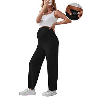 Women Maternity Straight Leg Long Pants Summer Fall Casual Elastic High Waist Pockets Trousers