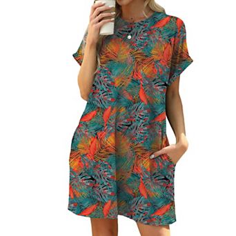 Women Summer Casual Artistic Floral Print Short Sleeve Mini Dress Loose Crew Neck Pocket Short Dress
