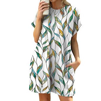 Women Summer Casual Artistic Floral Print Short Sleeve Mini Dress Loose Crew Neck Pocket Short Dress